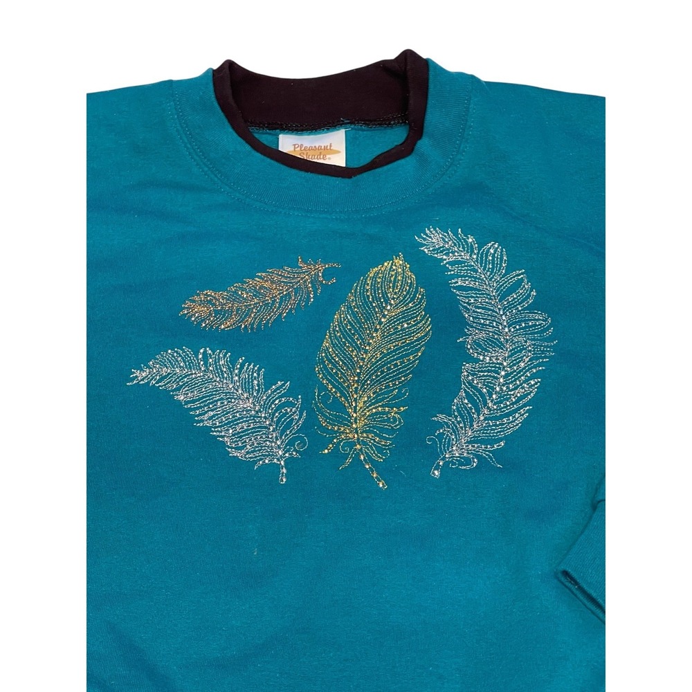 Pleasant Shade Medium‎ Crewneck Sweatshirt Teal Feather Embroidered Casual Vtg